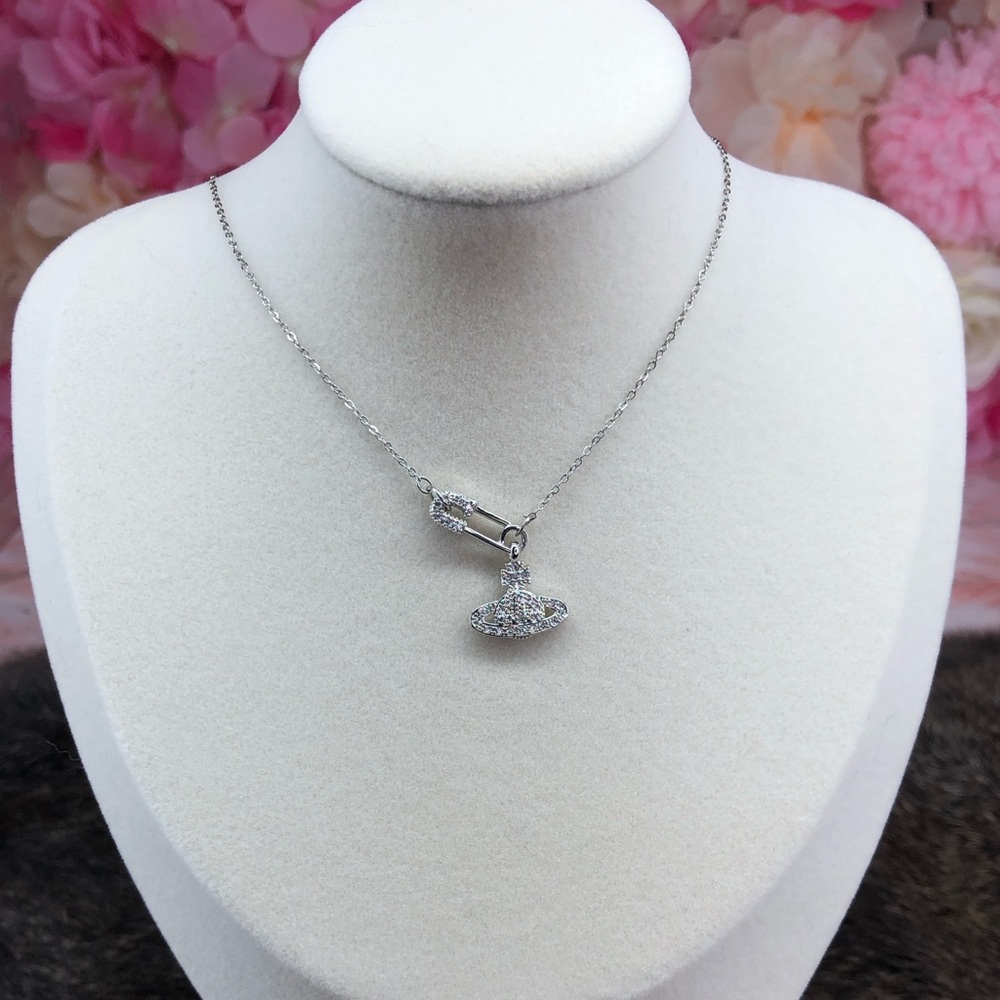 Silver Spaceship and Safety Pin Pendant Necklace